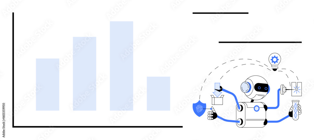 Poster robot interacting with chart bars, lightbulb, shield, tools, lab flask, and gear symbolizing data an