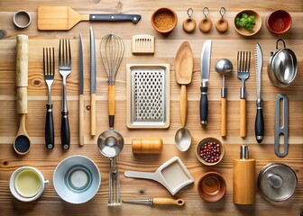 A collection of kitchen utensils arranged artfully on a wooden surface