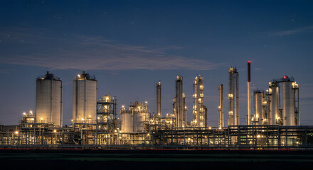 Illuminated Industrial Landscape at Night Under Starry Skies, Factory Power and Light Shines Bright on a Dark Night