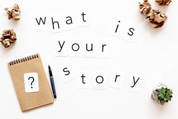 Flat lay of writer or blogger items, top view. Concept of creativity and inspiration