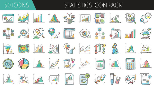 Statistics Icon Pack with 50 Data Analysis and Chart Elements - A comprehensive set of 50 cartoon-style statistics icons, including charts, graphs, formulas, and data tools for business, research