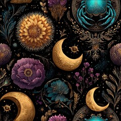Mystic scorpio constellations entwined with crescent moons celestial boho seamless pattern.