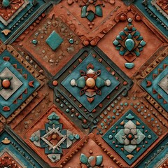 handpainted boho earthenware geometric motifs terracotta and teal patina folk art vibe seamless repeat.