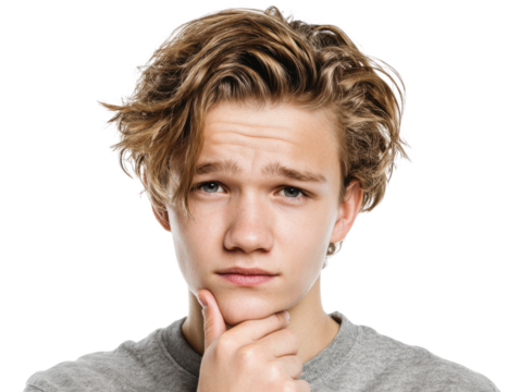 Bright studio portrait of a thoughtful teen reflecting on choices. Isolated on transparent background, png.