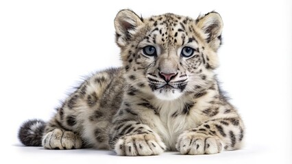 Naklejka premium Adorable snow leopard cub portrait on white background wildlife animal photo isolated on white background