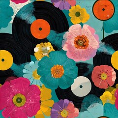 retro vinyl records mixed with pop flowers 70s palette playful layout seamless repeat.