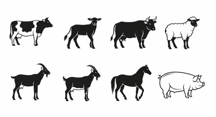 Obraz premium Farm Animals Line Icon Set – Cow, Bull, Sheep, Lamb, Goat, Horse, Pig, Livestock Vector Illustration