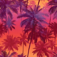 realistic tropical sunset gradient sky with palm silhouettes vibrant coral to violet ombre seamless fabric pattern for resortwear.