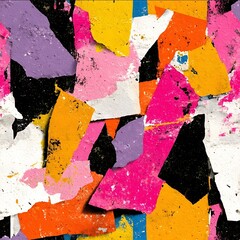 abstract geometric collage torn paper texture bright pop colors fashion forward seamless pattern.