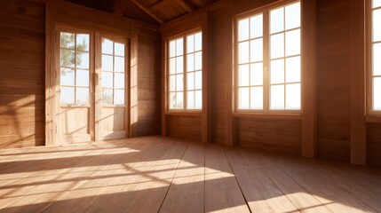 Interior of a newly built timber frame house with large windows casting sunlight on the wooden floor and walls.