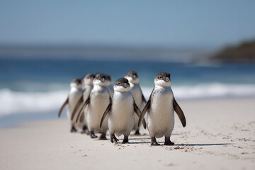 Obraz premium group of adorable new zealand penguins reacts playfully to intense ultrabright sunlight