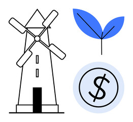 Windmill beside a blue leaf and coin design combining eco-friendly energy, green growth, and economic development. Ideal for sustainability, environment, renewable energy, finance, innovation