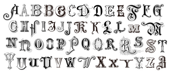alphabet of 19th Century style capital letters / initials, retro font and design elements for chapter beginnings, personal branding, monograms and more