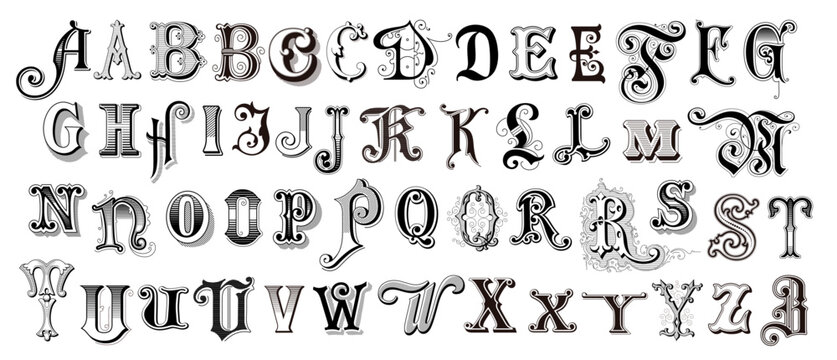 alphabet of 19th Century style capital letters / initials, retro font and design elements for chapter beginnings, personal branding, monograms and more