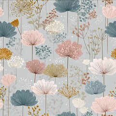 seamless pattern scandi minimal flat flowers soft dusty pink sage green fog blue young chic boho.