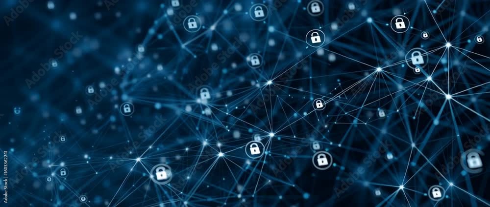 Poster a digital illustration of interconnected networks with security icons, representing network security