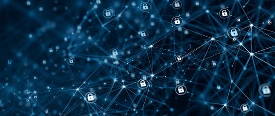 A digital illustration of interconnected networks with security icons, representing network security and data protection on a dark blue background Generative AI - Powered by Adobe