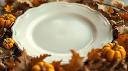 Autumn Table Setting with White Plate and Mini Pumpkins