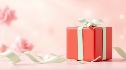 Red Gift Box with Green Ribbon on Pink Background