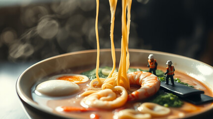 Miniature Workers Building Ramen Noodles