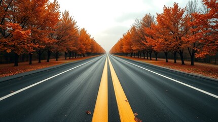 Autumn Road Lined with Orange Trees