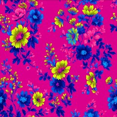 y2k pixelated floral motifs bright fuchsia acid lime electric blue seamless repeat pattern playful pop aesthetic.