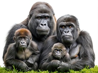 Obraz premium Gorilla family portrait: silverback, female, and baby gorillas in the wild life isolated on white background