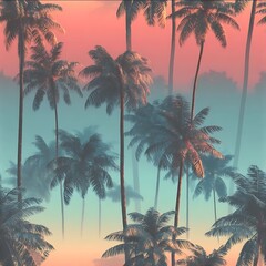 seamless pattern dreamy palm silhouettes teal to peach gradient vaporwave miami sunset soft focus grain.