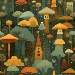 whimsical mushroom forest pattern magical symbols cottagecore fantasy dreamy foggy background.