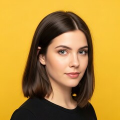 Naklejka premium Stunning Portrait of a Young Woman with Shoulder-Length Brown Hair Against a Vibrant Yellow Background