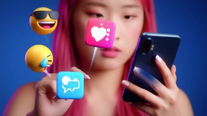 Social Media Interaction: Young Woman Emojis Smartphone Digital World. - Powered by Adobe