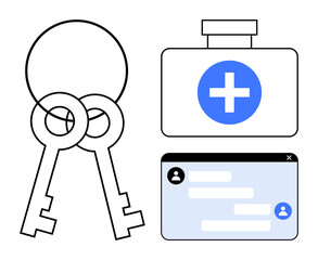 Crossed keys, medical kit with blue cross, and chat interface. Ideal for healthcare technology, security, data privacy, medical communication, authentication, innovation simple landing page