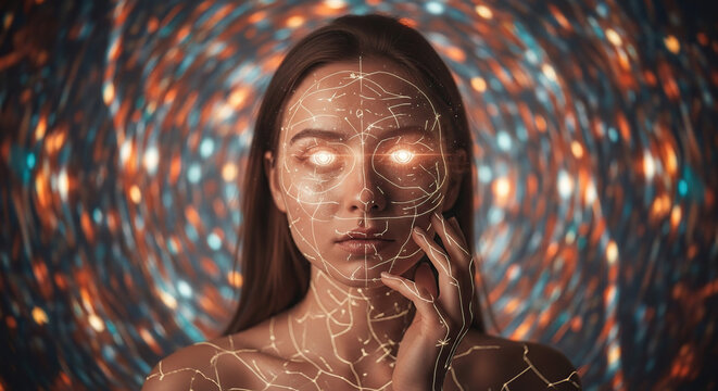 Portrait of a woman with glowing eyes and digital lines on her face against a blurred background of lights