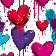 spray paint graffiti hearts with drips splatters candy red ultraviolet aqua on white energetic street art seamless repeat.