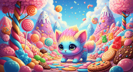 Fototapeta premium A colorful cartoon fox in a candy land with lollipops, gummy bears, cookies, and candy mountains around it