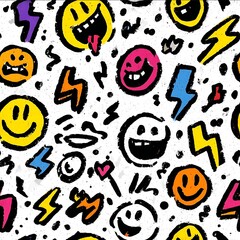 handdrawn doodle smiley faces and lightning joyful street art pattern messy yet balanced.