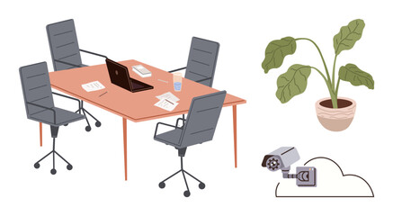 Conference room setup with chairs, table, laptop, paperwork, potted plant, and cloud-connected CCTV camera. Ideal for security, teamwork, workspace remote work collaboration technology corporate