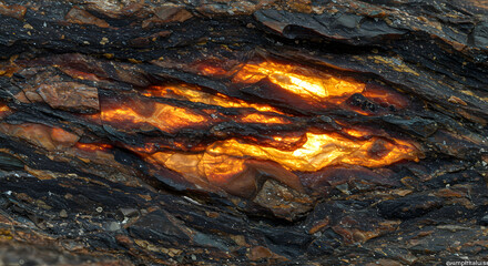 Shale rock formation, amber light filtering through layers, Texture of stratified black rock, glowing light between cracks