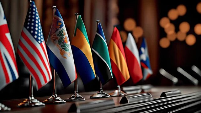 Row of G20 flags on conference table under warm lighting. Side tracking shot. 4K.
