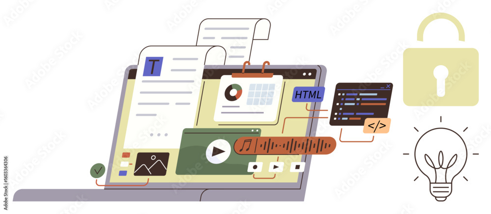 Poster laptop displaying documents, graphs, code, and media with lock and lightbulb. ideal for web developm