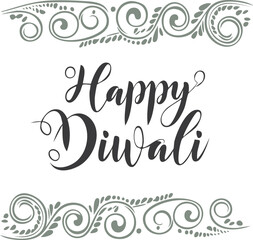 Decorative "Happy Diwali" text with swirls, festive greeting
