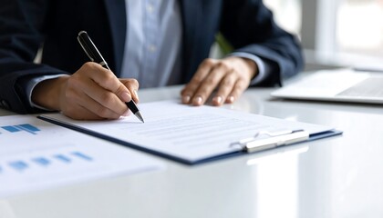 Businessperson signing documents at desk