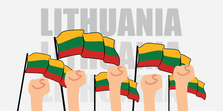 hand with flag of the Lithuania or Lithuania independence day vector illustration of Lithuania flag with gray background banner or greeting card