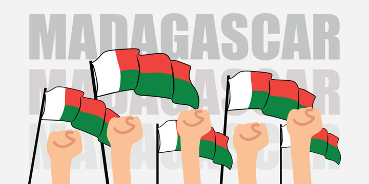 hand with flag of the Madagascar or Madagascar independence day vector illustration of Madagascar flag with gray background banner or greeting card