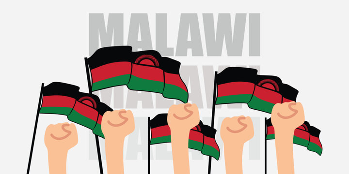 hand with flag of the Malawi or Malawi independence day vector illustration of Malawi flag with gray background banner or greeting card