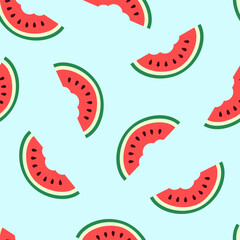Bright seamless pattern of bitten watermelon slices on light blue background. For summer, food, kids design, printing packaging, wallpaper, fabric, textile, decor. Hand drawn. Cartoon flat vector.