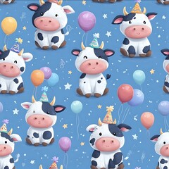 cute kawaii cows with party hats and balloons bright background.