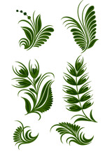 Set of floral ornamental elements in green vector style, nature and folk art design concept, spring and eco-themed decoration