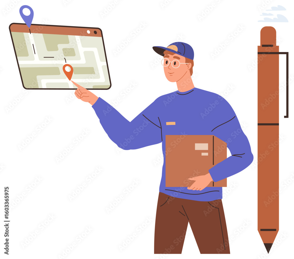 Poster courier points at a digital map displaying a route with location markers while holding a box. ideal 