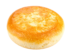 A perfectly toasted English muffin, golden brown and isolated on a white background, a staple breakfast item.